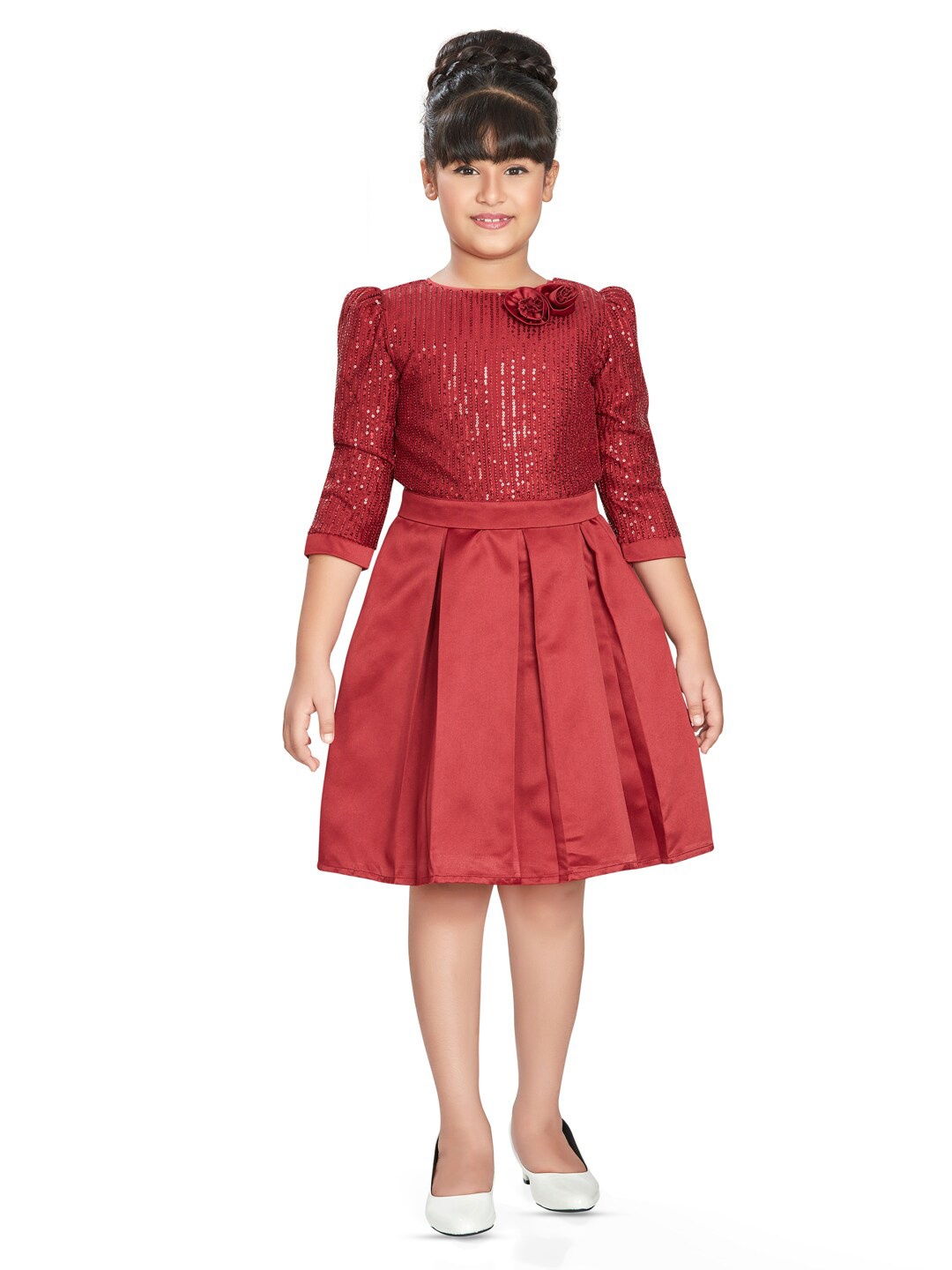 

Peppermint Embellished Round Neck Puff Sleeves Fit & Flare Pleated Dress, Maroon