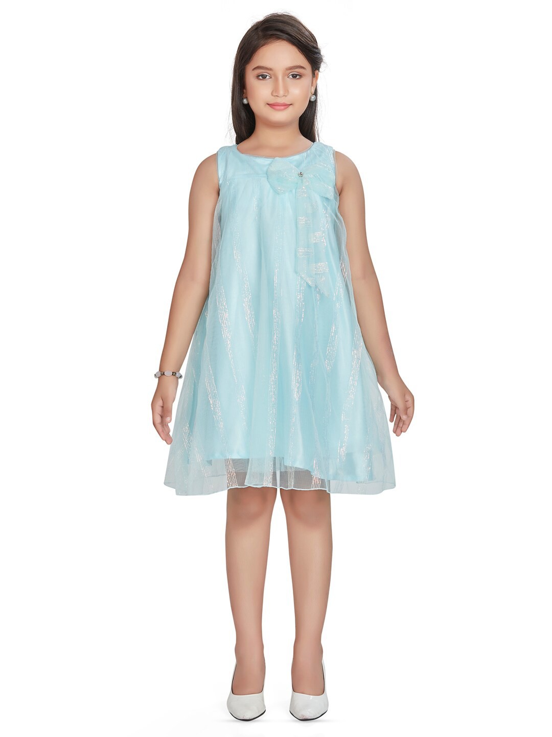 

Peppermint Self Design Round Neck Sleeveless Net A-Line Dress, Blue