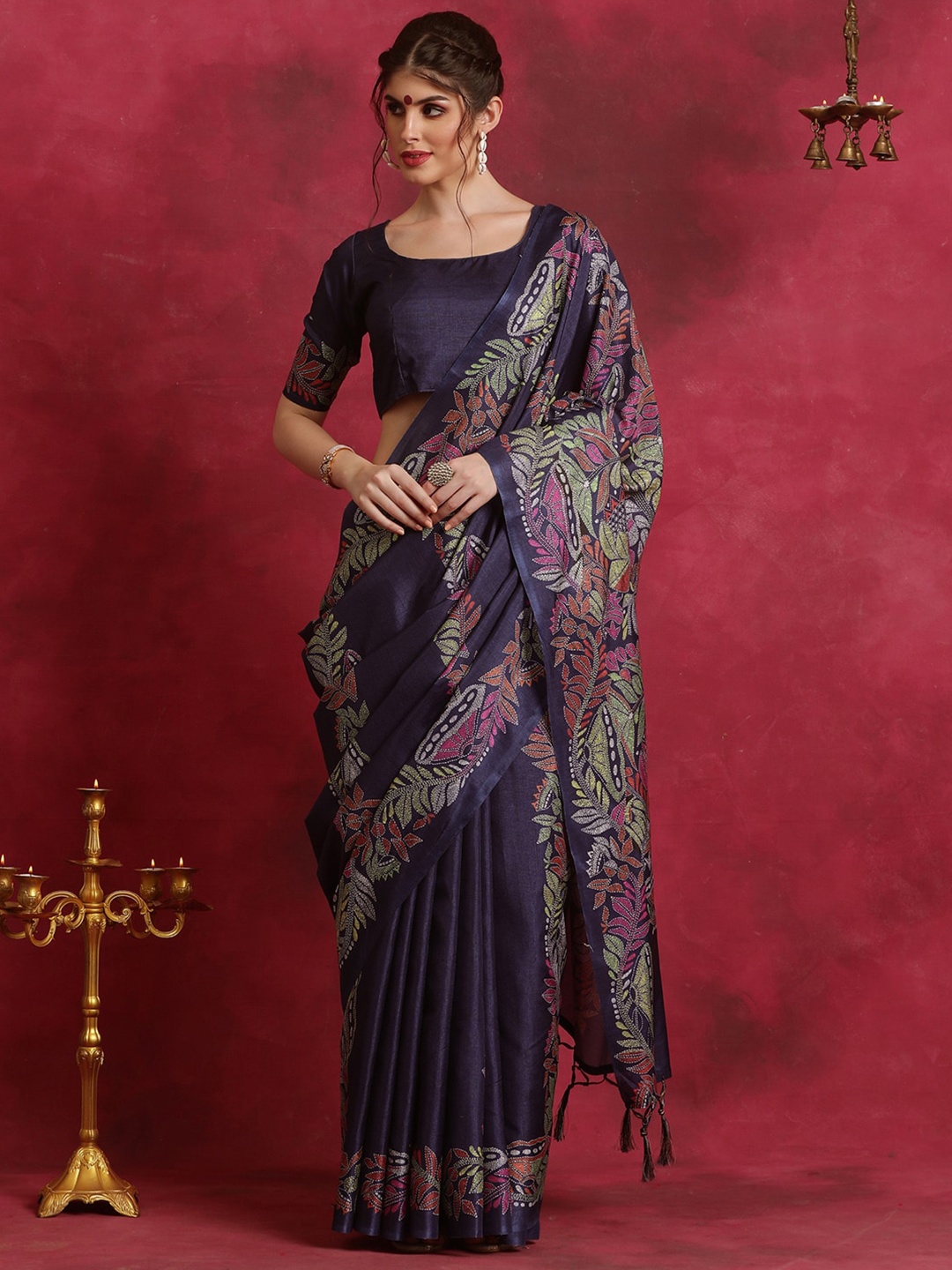 

Saree mall Ethnic Motifs Silk Blend Block Print Sarees, Navy blue