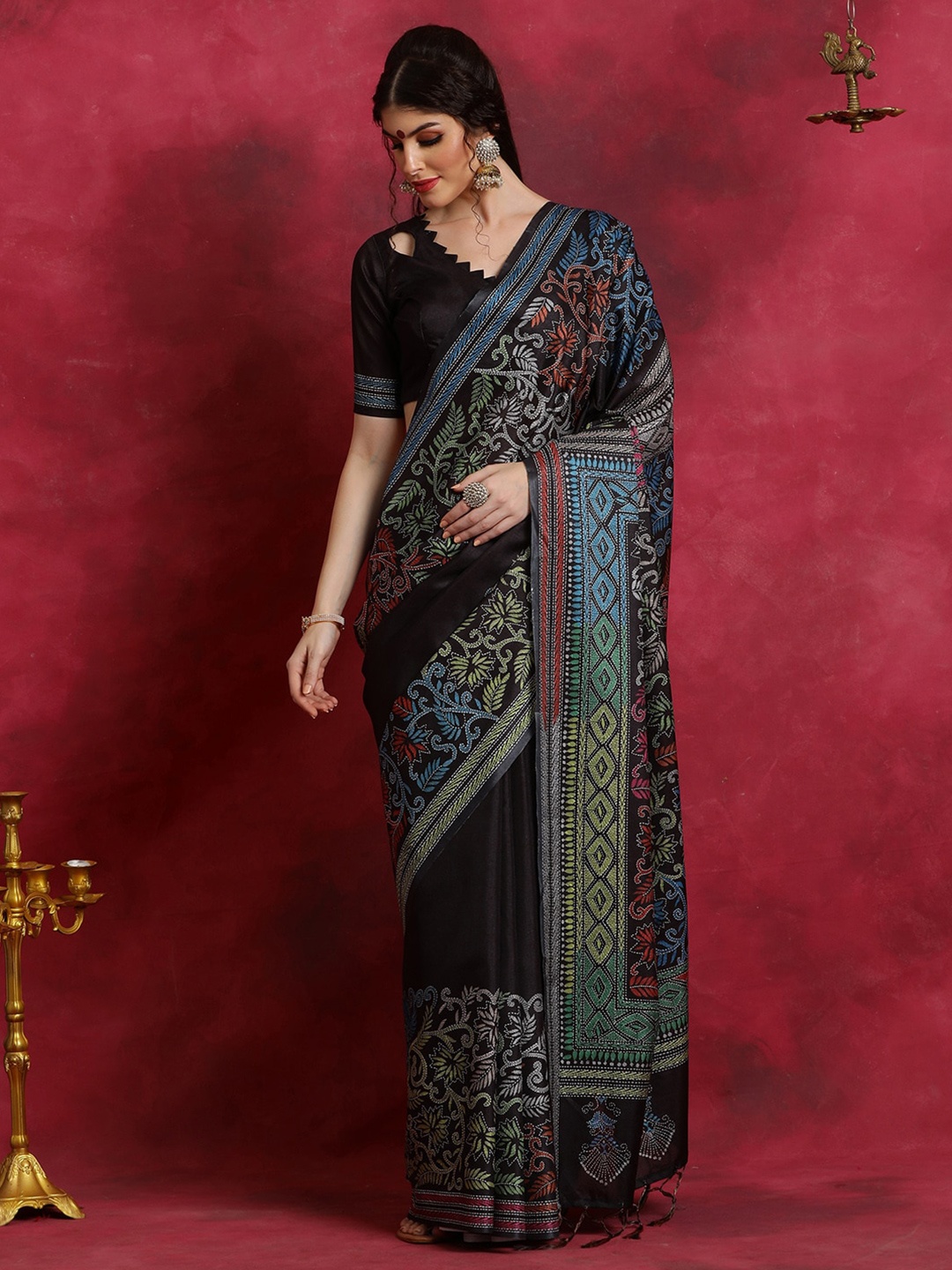 

Saree mall Ethnic Motifs Silk Blend Block Print Sarees, Black