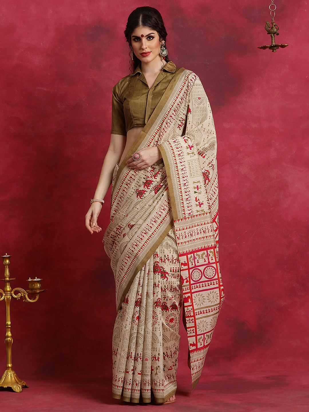 

Saree mall Warli Silk Blend Dabu Sarees, Beige