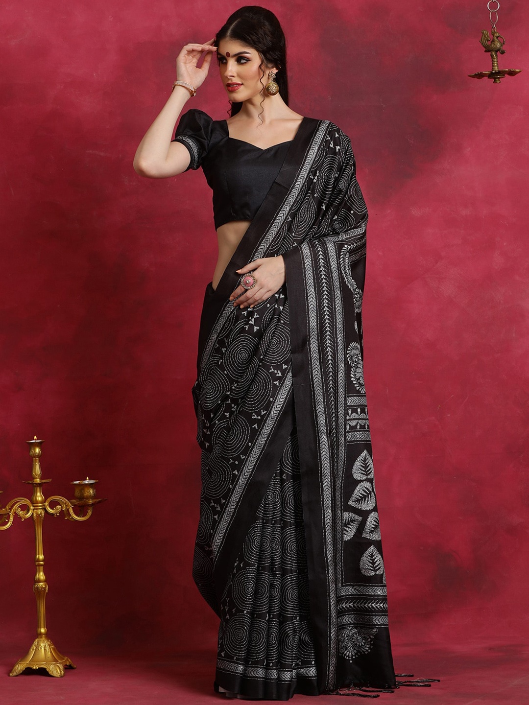 

Saree mall Ethnic Motifs Silk Blend Block Print Sarees, Black