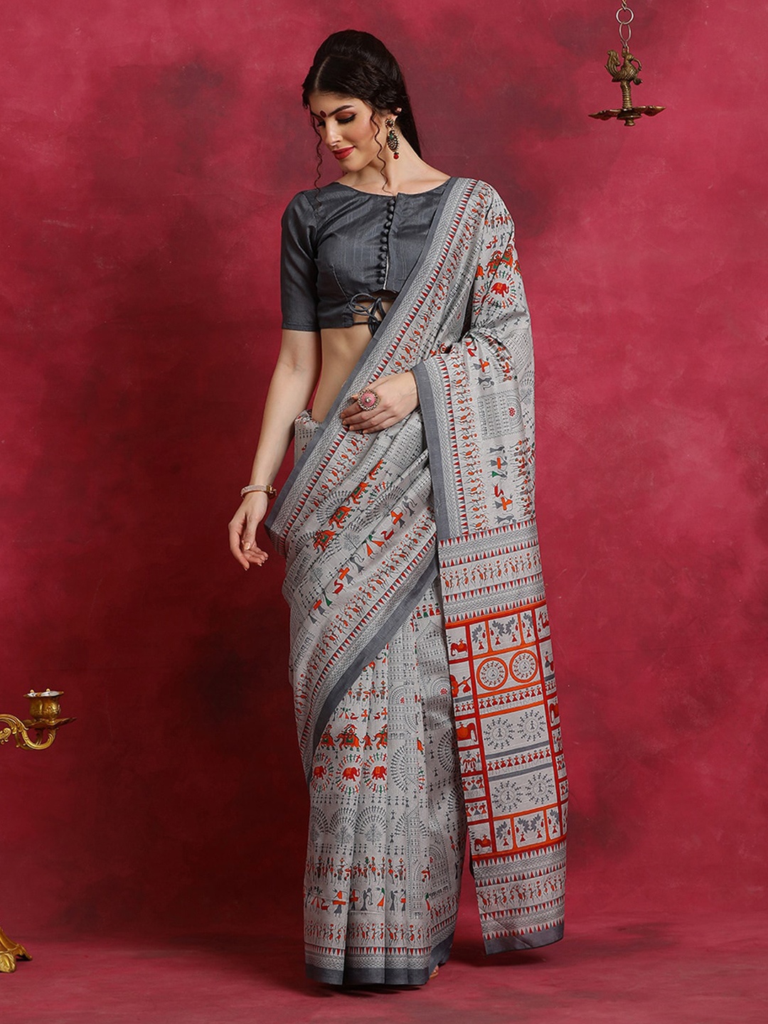 

Saree mall Warli Silk Blend Dabu Sarees, Grey