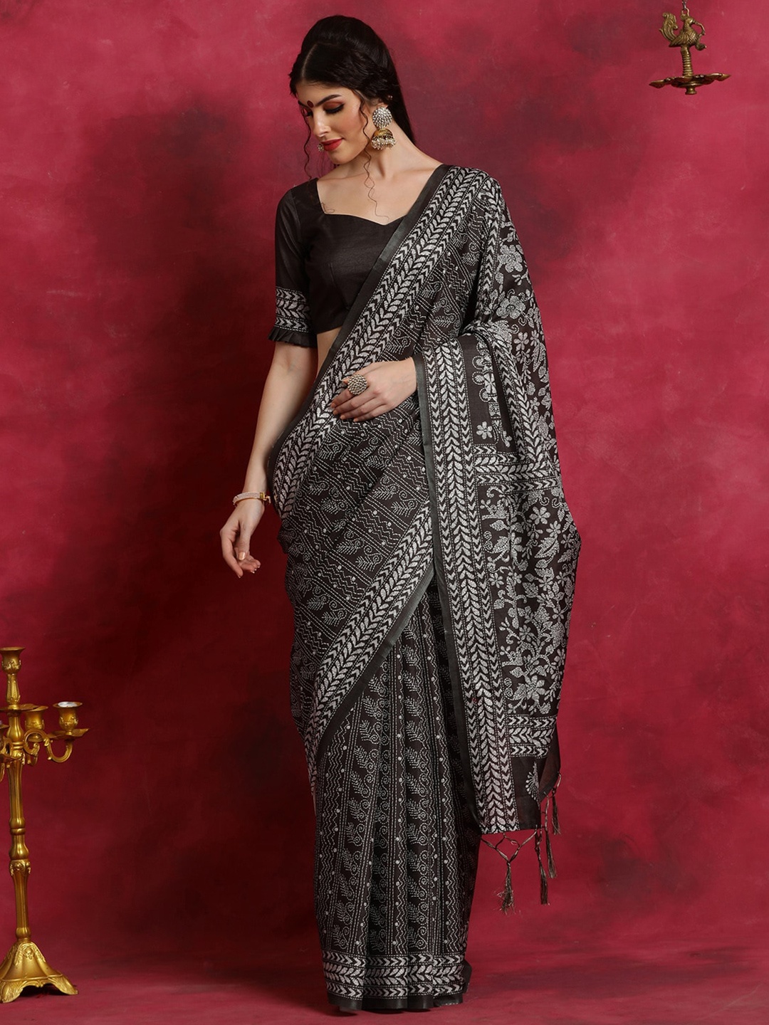 

Saree mall Ethnic Motifs Silk Blend Block Print Sarees, Black