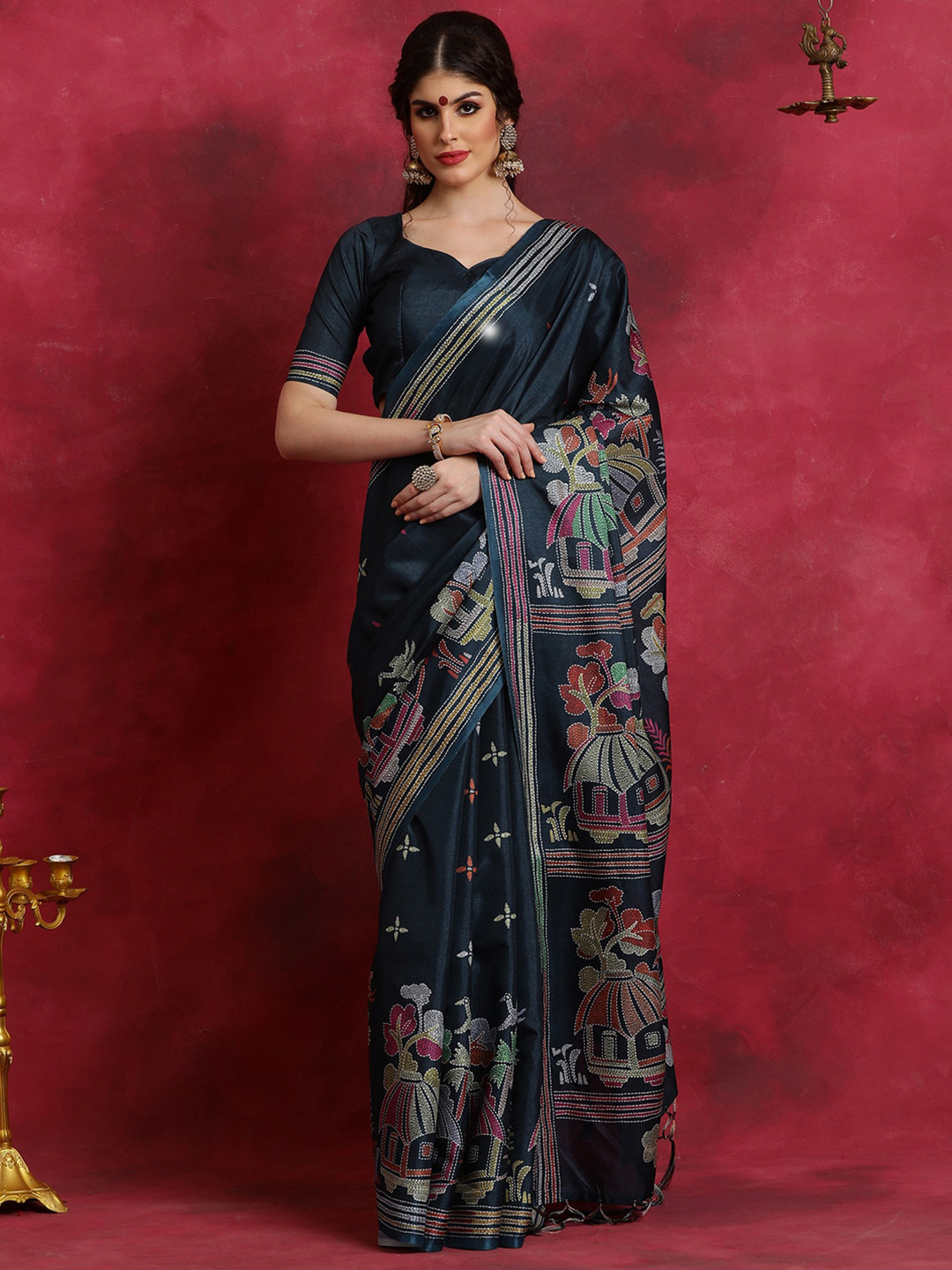 

Saree mall Ethnic Motifs Silk Blend Block Print Sarees, Teal