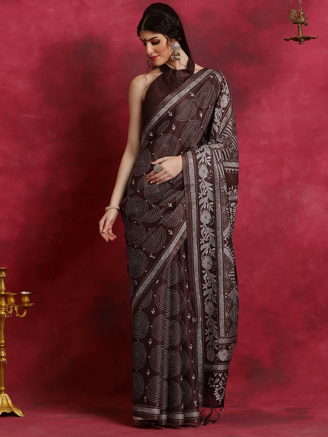 

Saree mall Ethnic Motifs Printed Block Print Saree, Brown