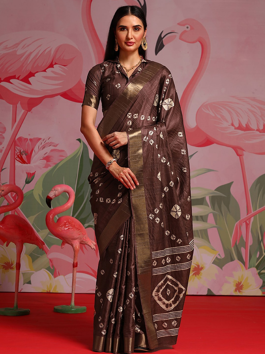 

Saree mall Bandhani Printed Zari Bandhani Saree, Coffee brown