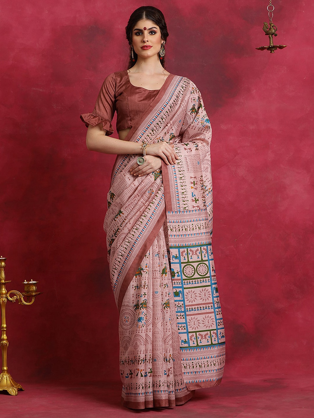 

Saree mall Warli Printed Dabu Saree, Rose gold