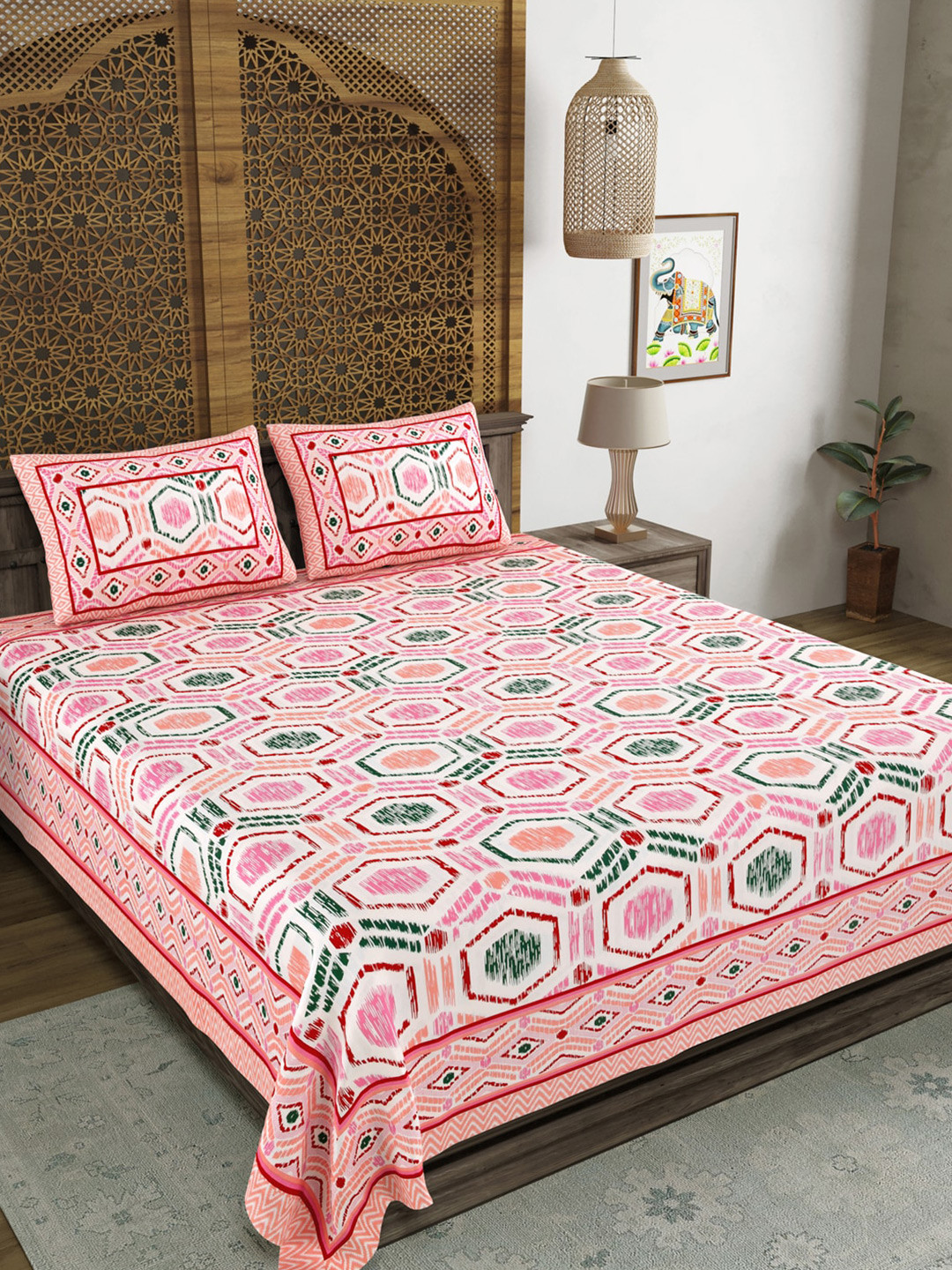 

BLOCKS OF INDIA Pink & Green Geometric Cotton 210 TC King Bedsheet & 2 Pillow Covers