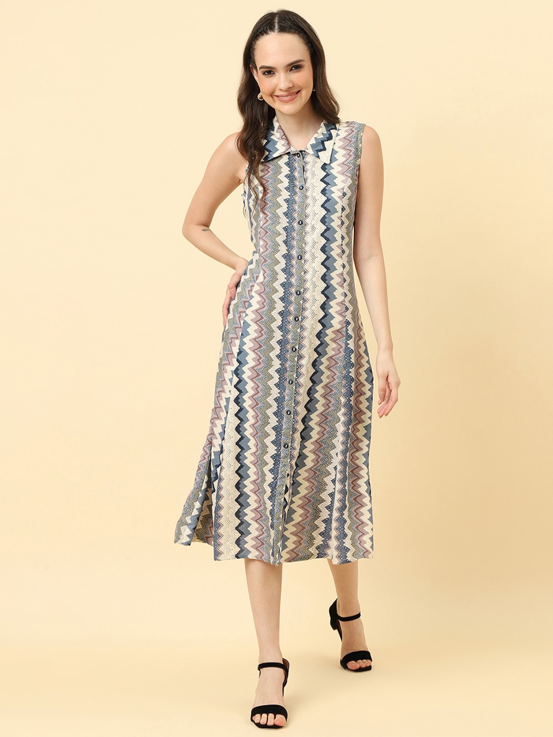 

Varanga Geometric Printed Shirt Midi Dress, White