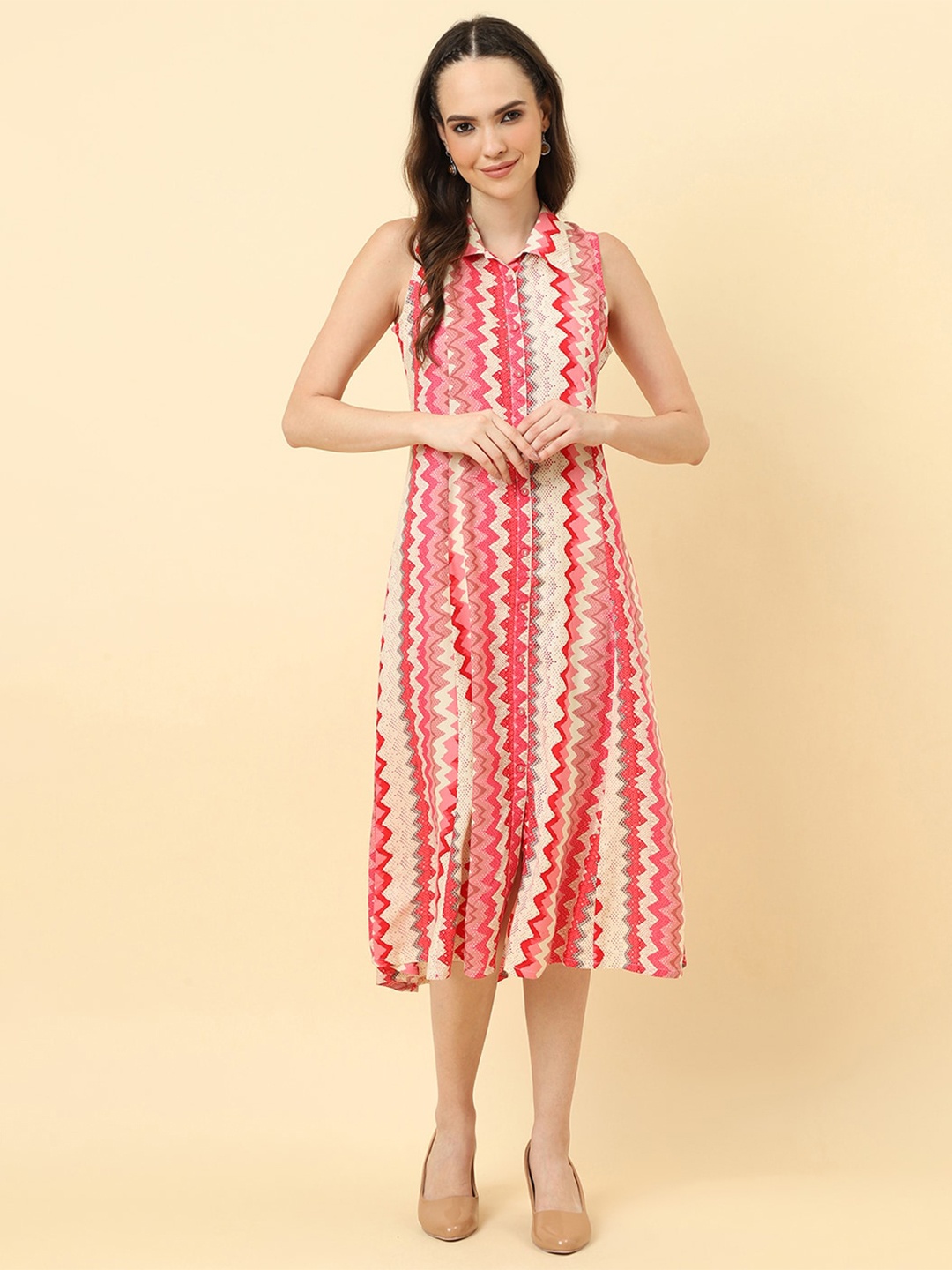 

Varanga Geometric Printed Shirt Midi Dress, White