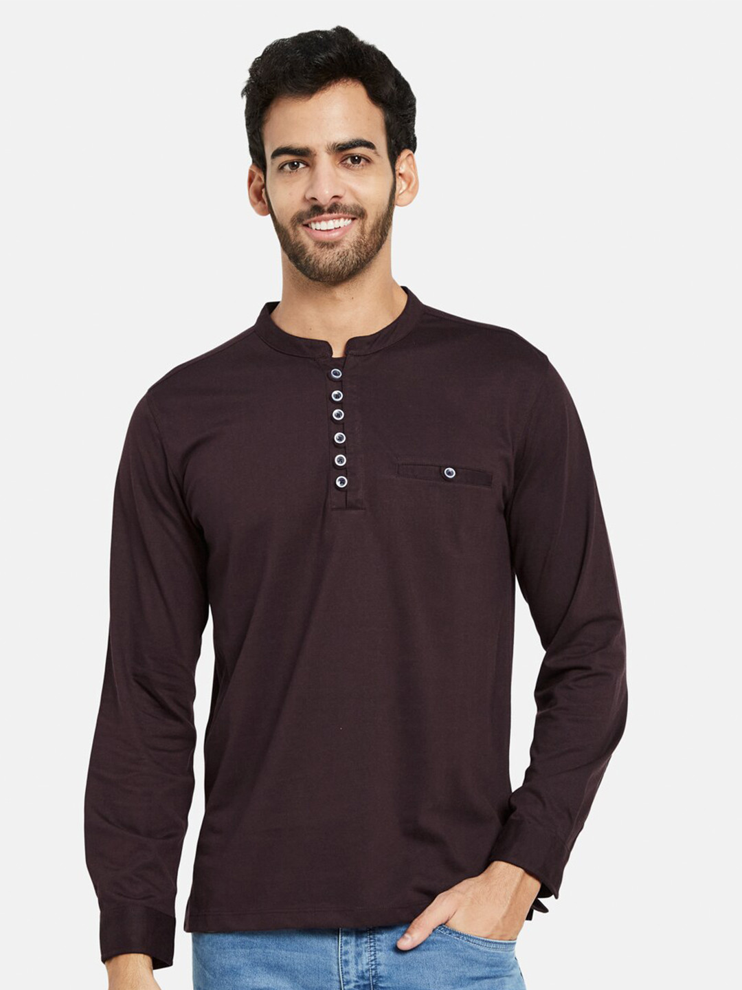 

METTLE Mandarin Collar Cotton T-shirt, Maroon