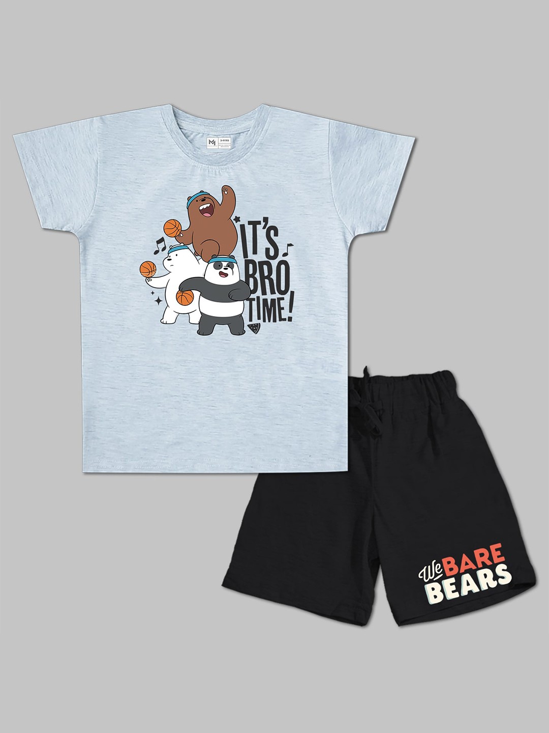 

Minute Mirth Boys We Bare Bears Printed Pure Cotton T-shirt With Shorts, Grey