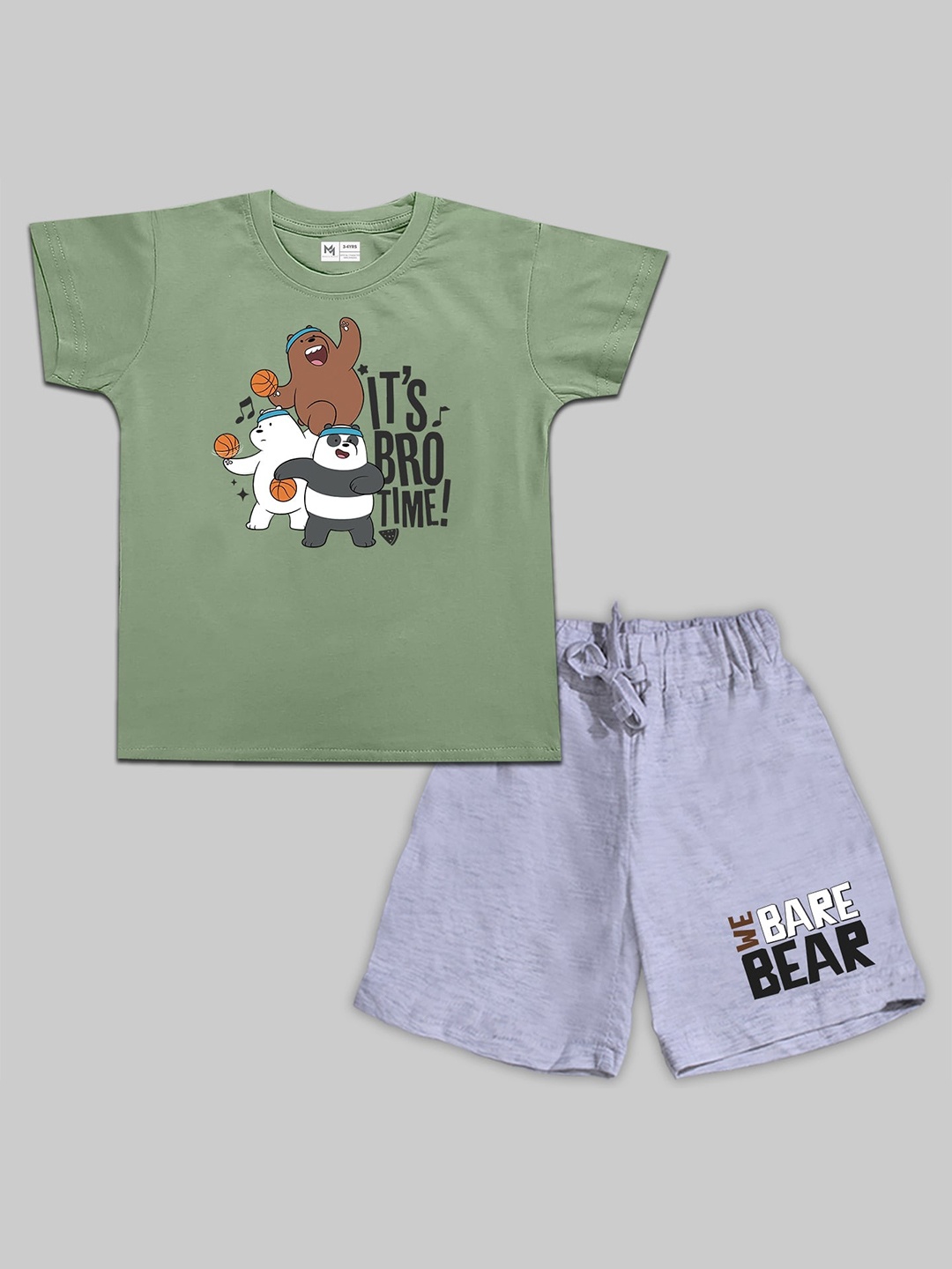 

Minute Mirth Boys We Bare Bears Printed Pure Cotton T-shirt With Shorts, Olive