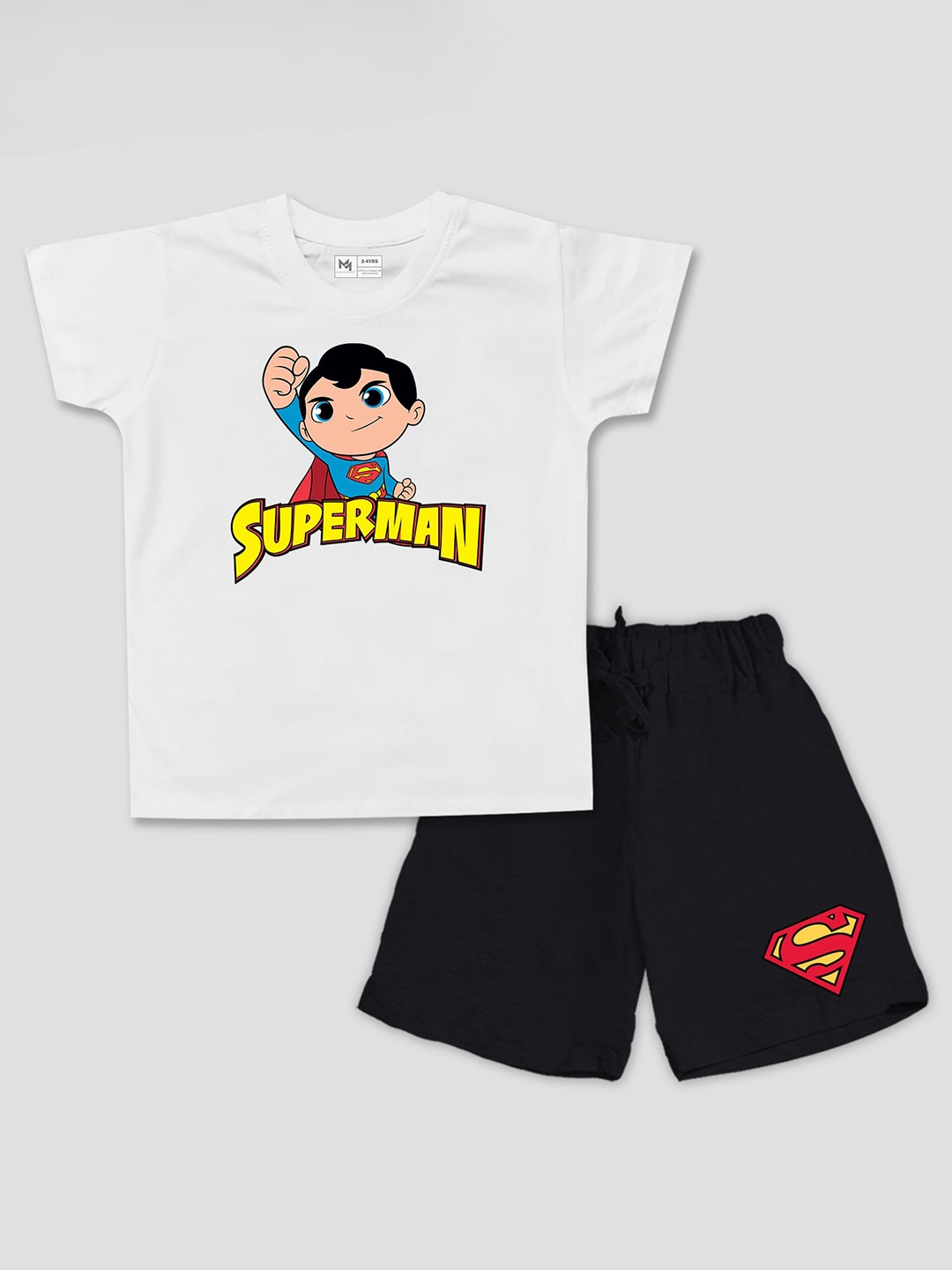 

Minute Mirth Boys Superman Printed Pure Cotton T-shirt With Shorts, White