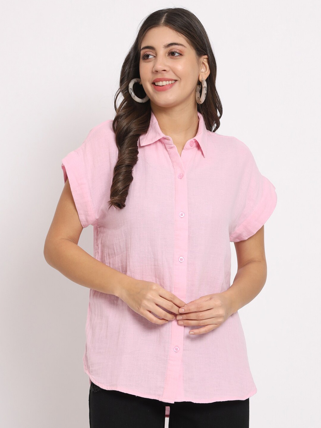 

CHARMGAL Classic Spread Collar Extended Sleeves Cotton Casual Shirt, Pink