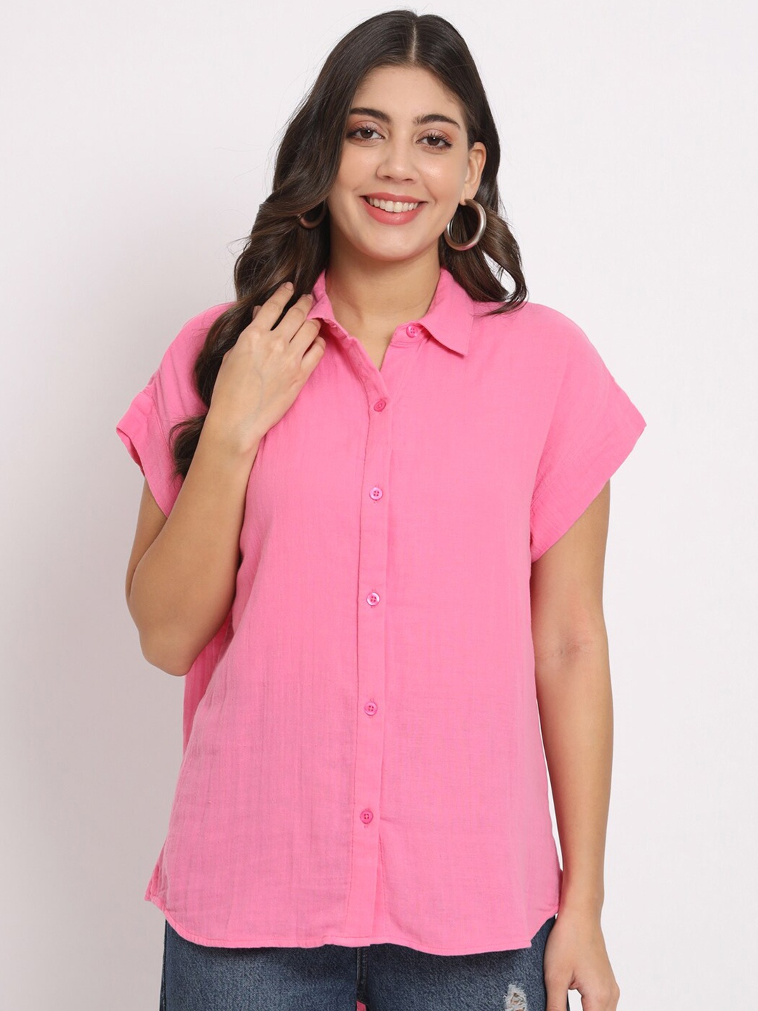 

CHARMGAL Classic Spread Collar Extended Sleeves Cotton Casual Shirt, Pink