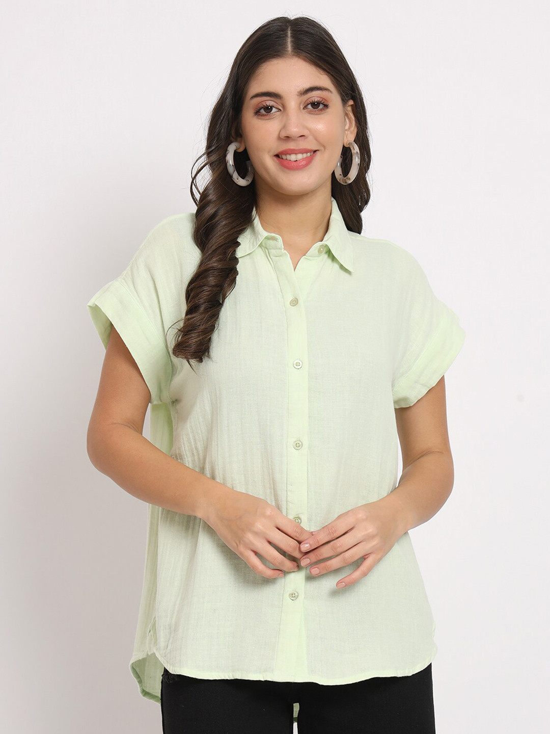 

CHARMGAL Classic Spread Collar Extended Sleeves Cotton Casual Shirt, Lime green