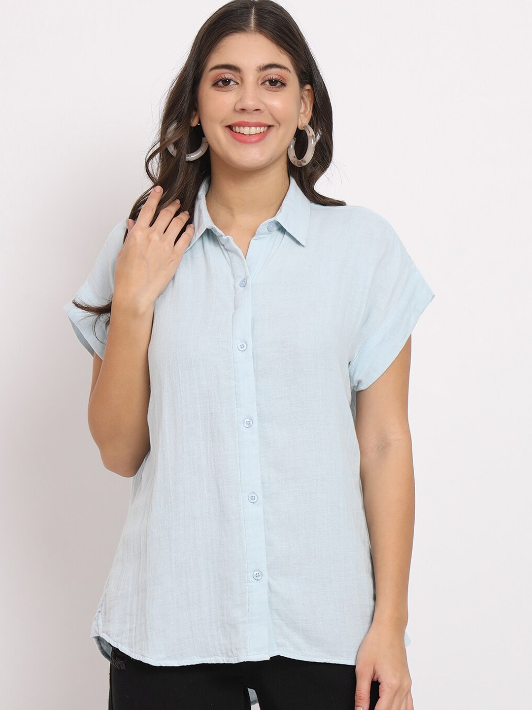 

CHARMGAL Classic Spread Collar Extended Sleeves Cotton Casual Shirt, Blue