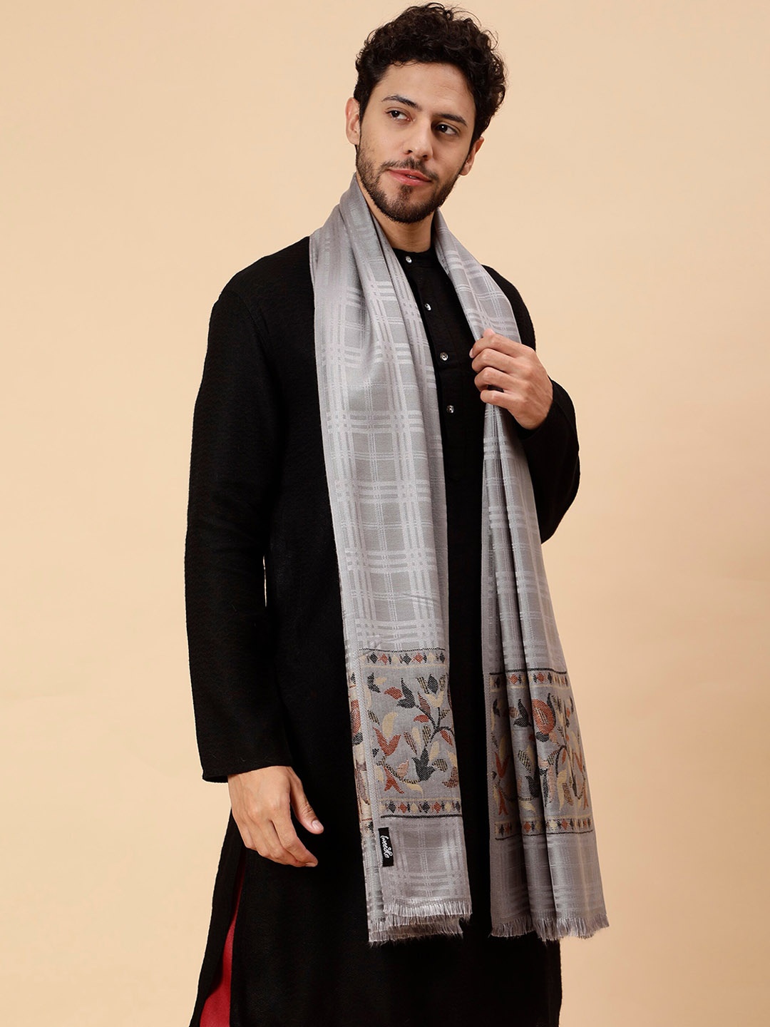 

Tweedle Men Woven Design Fringed Acrylic Shawl, Grey