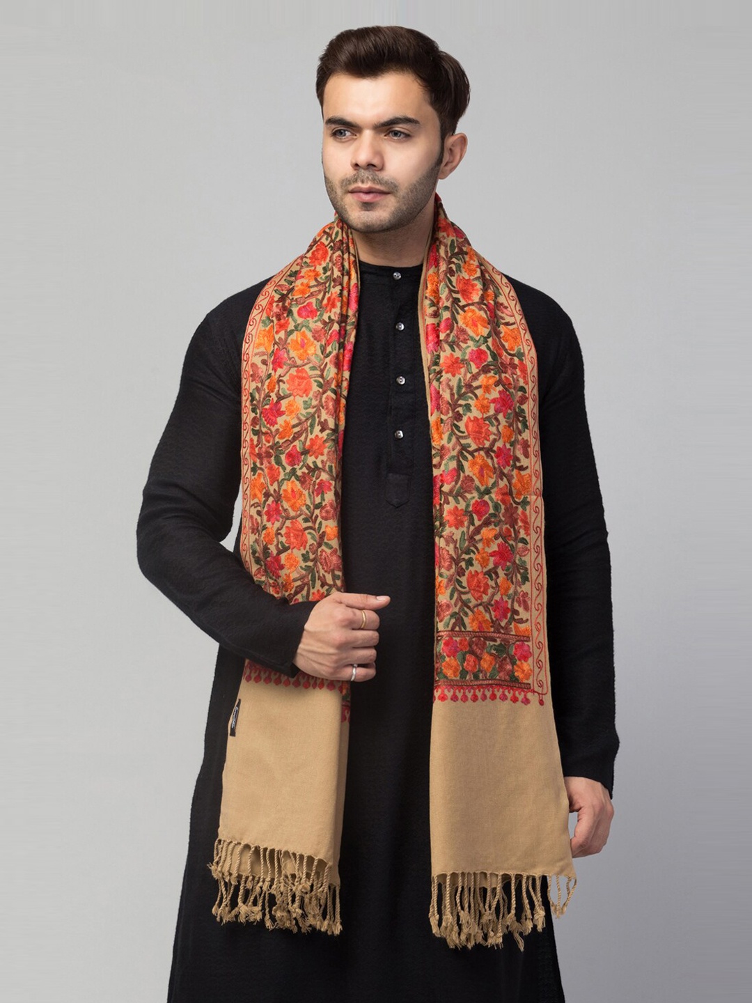 

Tweedle Embroidery Acrylic Tasselled Shawl, Beige