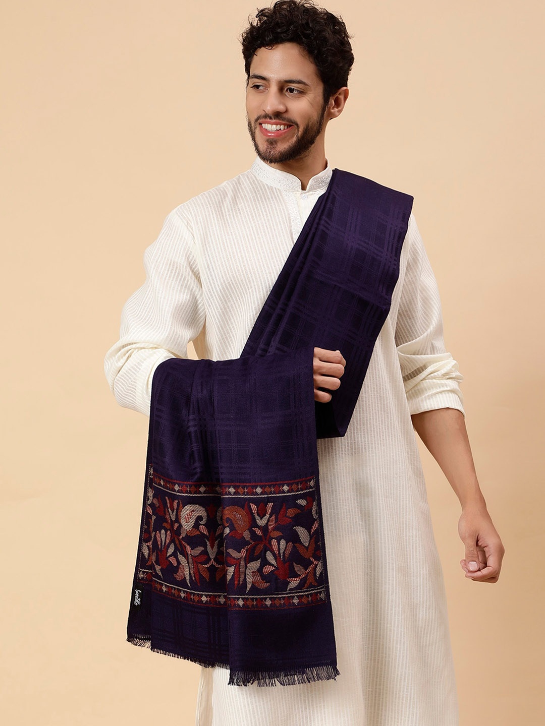 

Tweedle Men Ethnic Motifs Woven Design Acrylic Wool Shawl, Blue