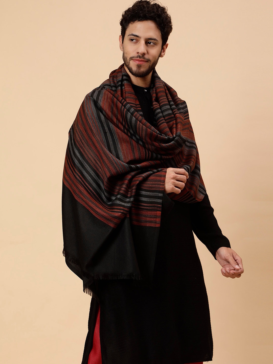 

Tweedle Men Striped Woven Design Wool Acrylic Shawl, Black