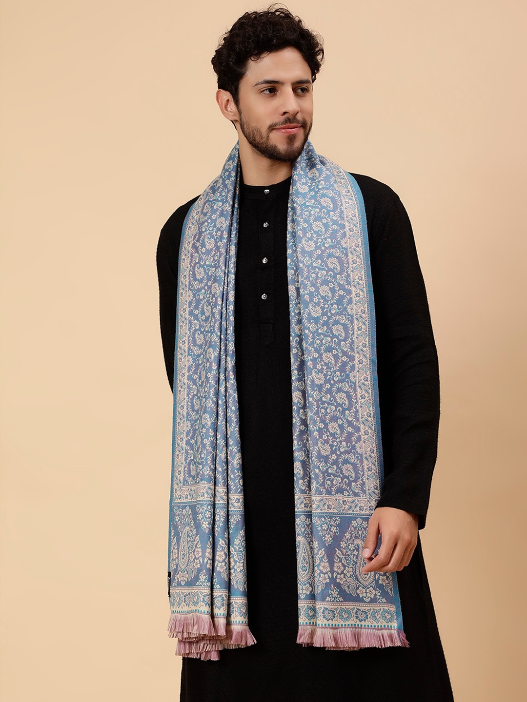 

Tweedle Men Floral Woven Design Woollen Shawl, Blue