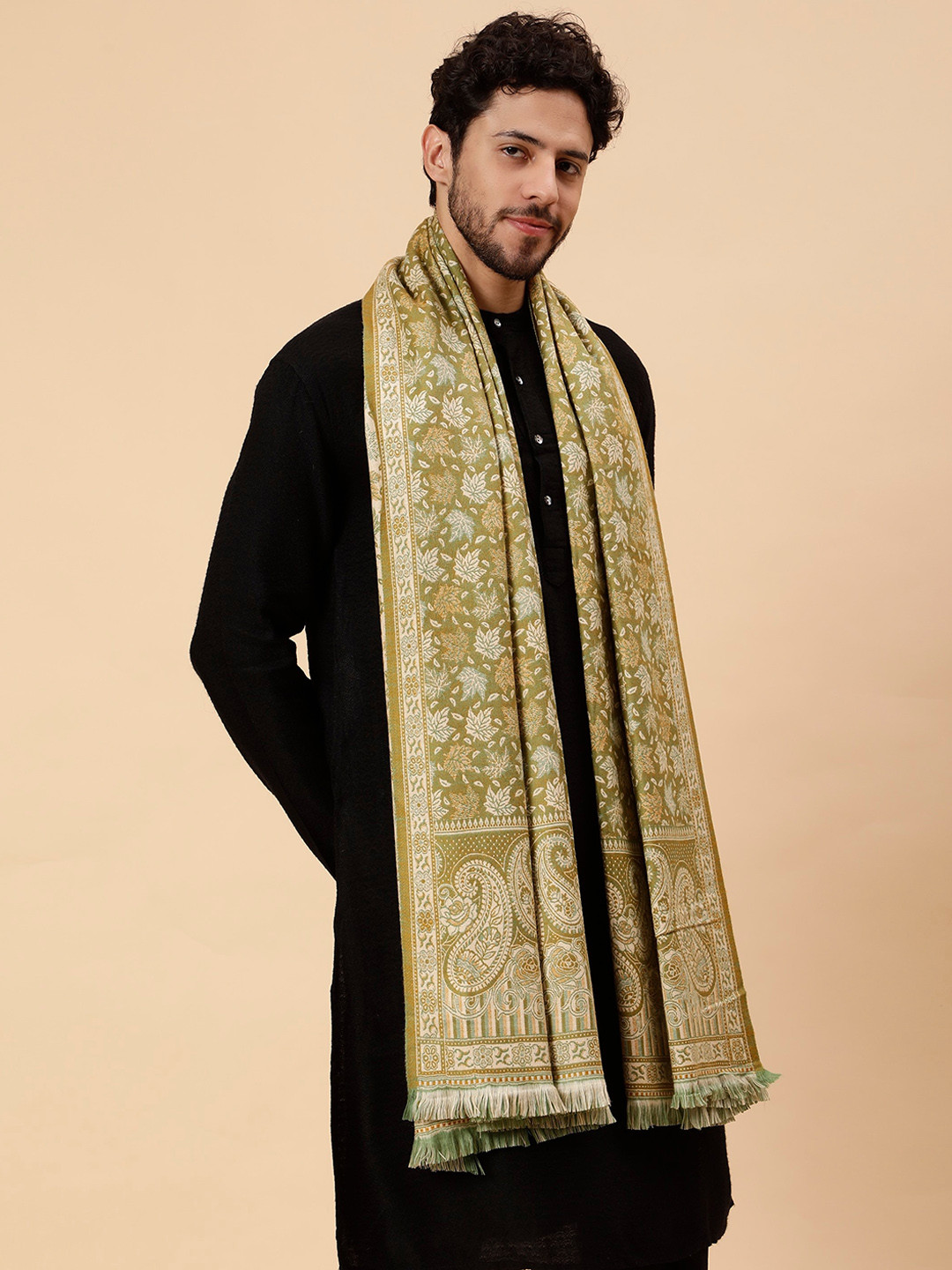 

Tweedle Men Floral Woven Design Woollen Shawl, Yellow