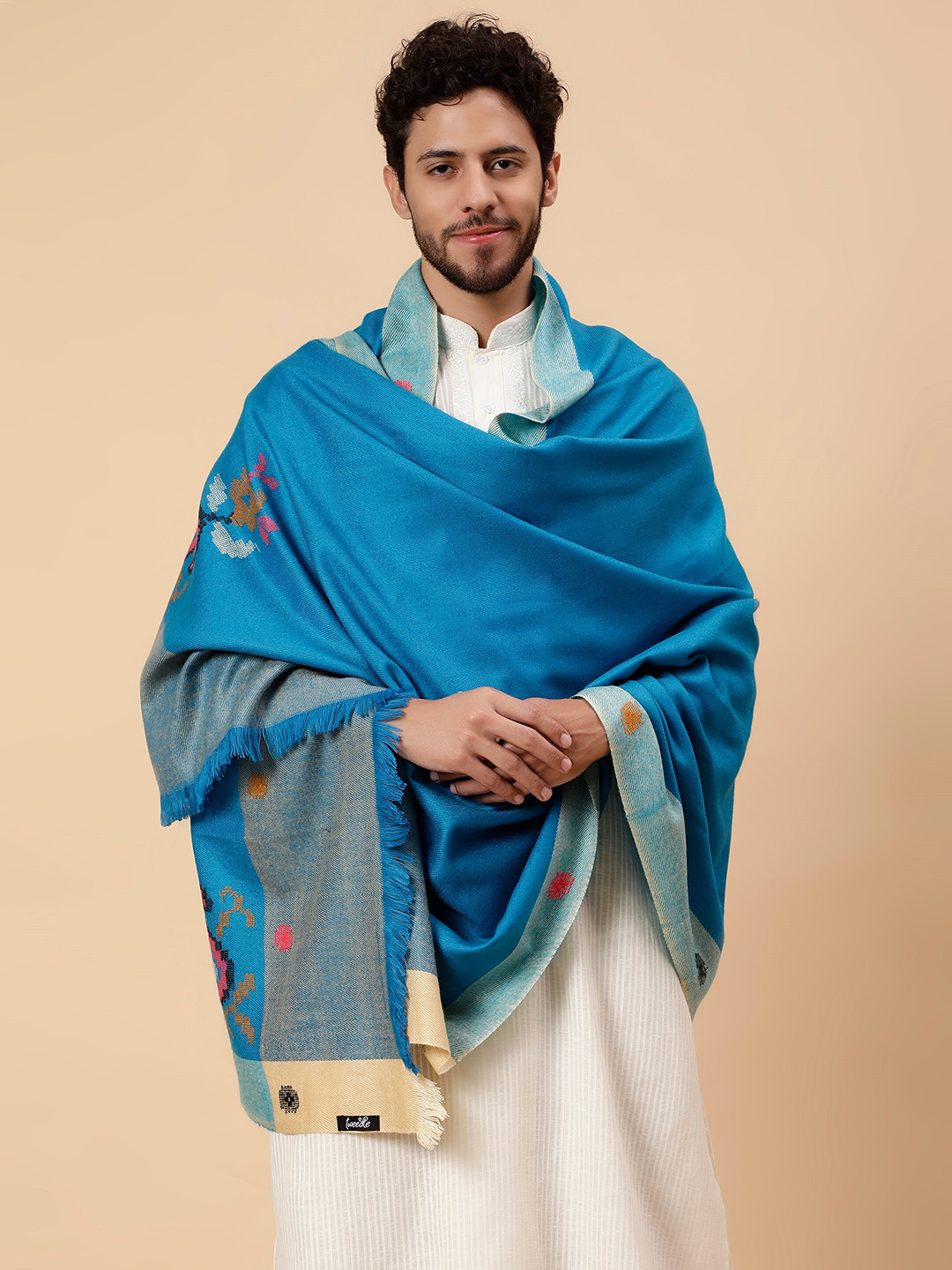 

Tweedle Men Floral Woven Design Woollen Shawl, Blue