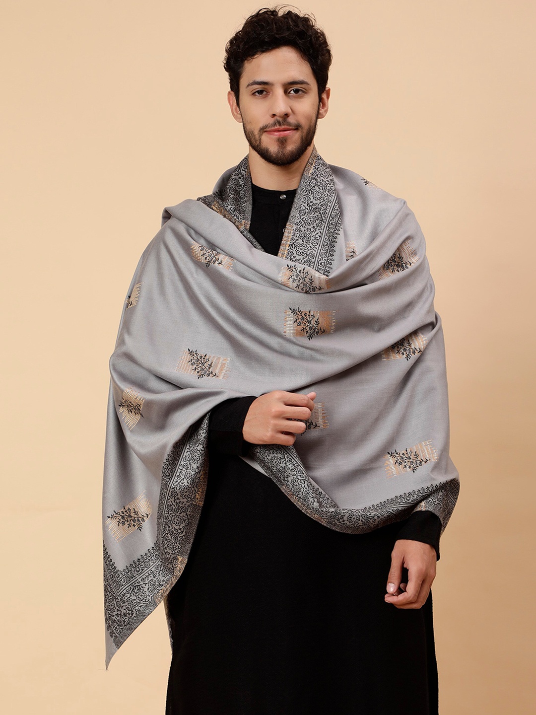 

Tweedle Men Ethnic Motifs Woven Design Acrylic Shawl, Grey