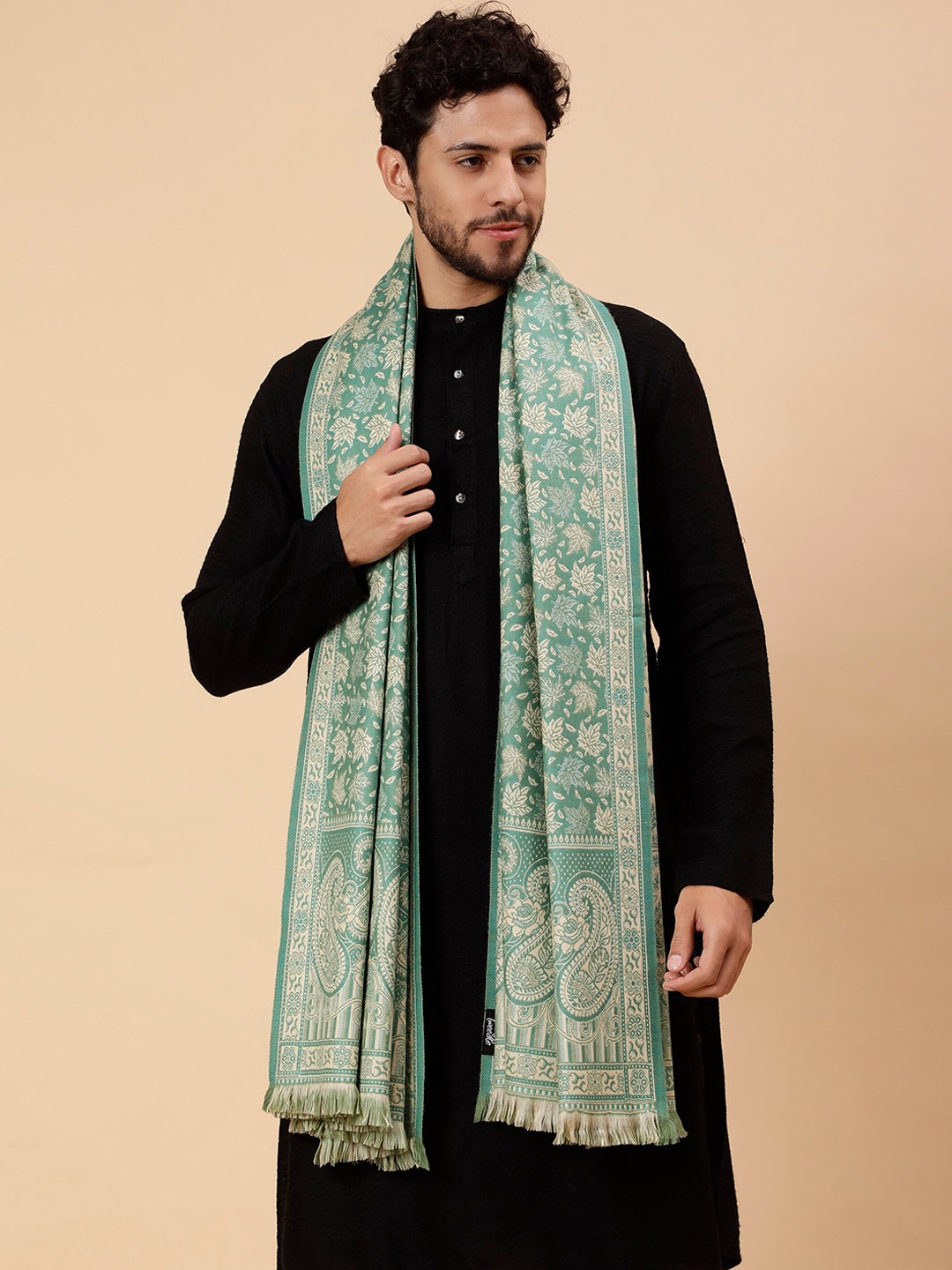 

Tweedle Men Ethnic Motifs Woven Design Woollen Shawl, Sea green