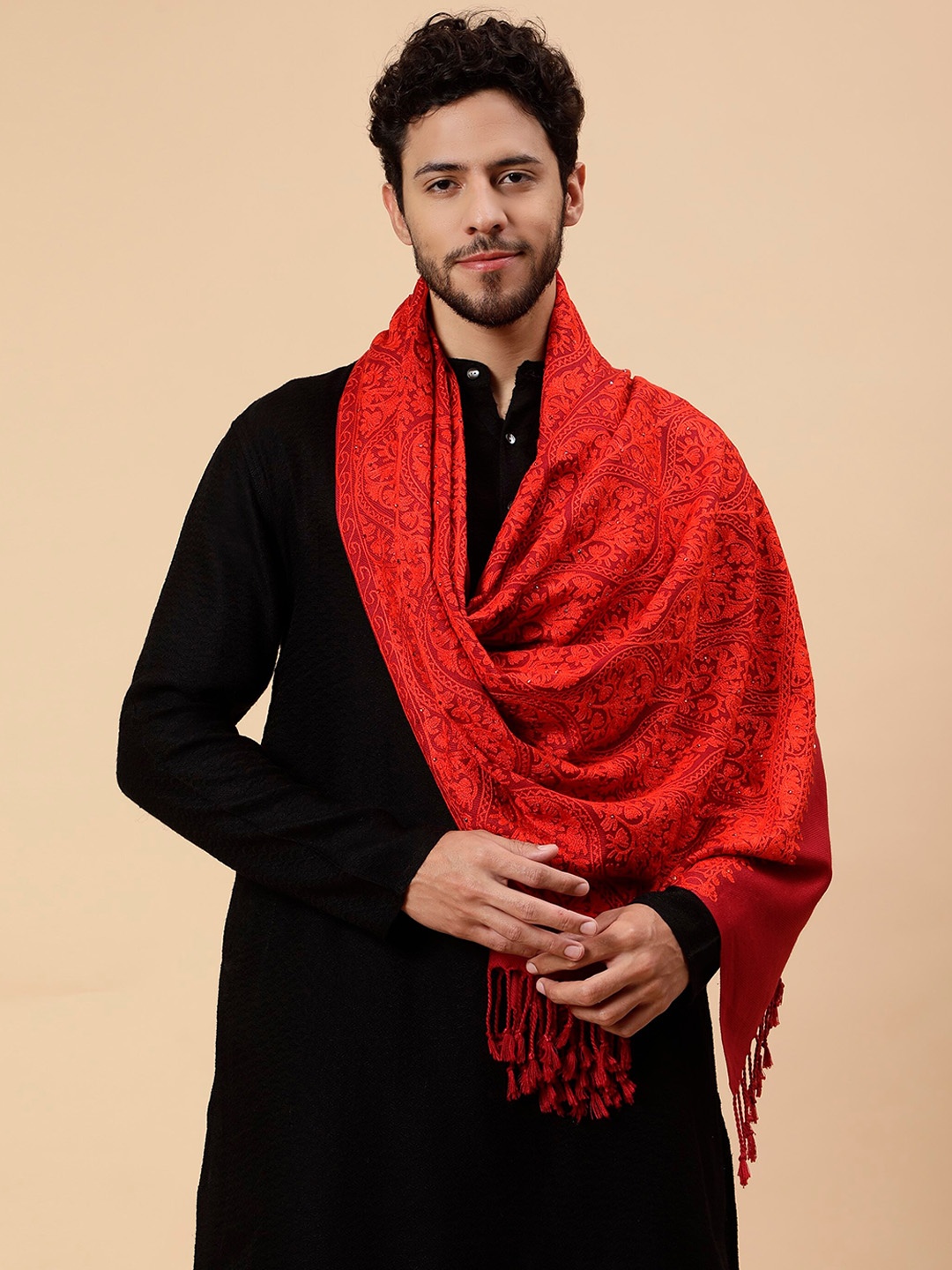 

Tweedle Men Ethnic Motifs Embroidered Woollen Shawl, Red