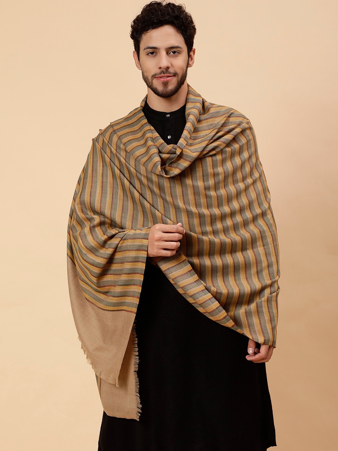 

Tweedle Striped Woven Design Woollen Shawl, Beige