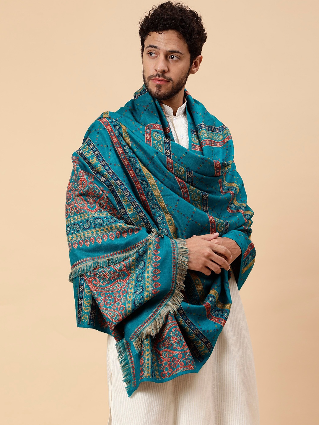 

Tweedle Paisley Woven Design Acrylic Shawl, Turquoise blue