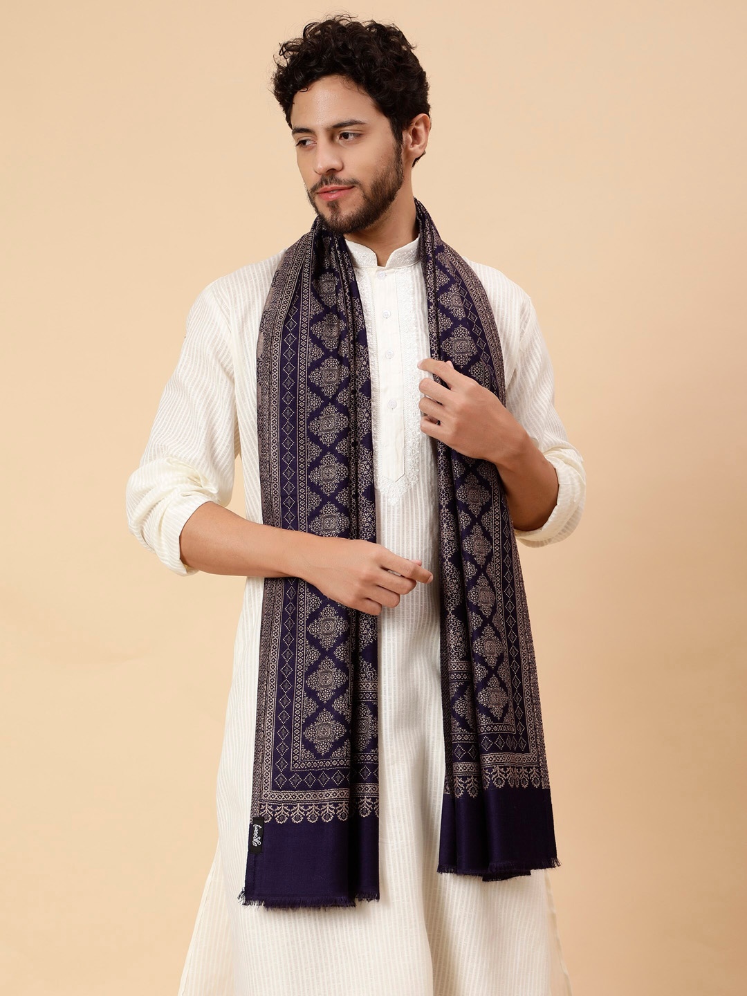 

Tweedle Ethnic Motifs Woven-Design Acrylic Woollen Shawl, Navy blue