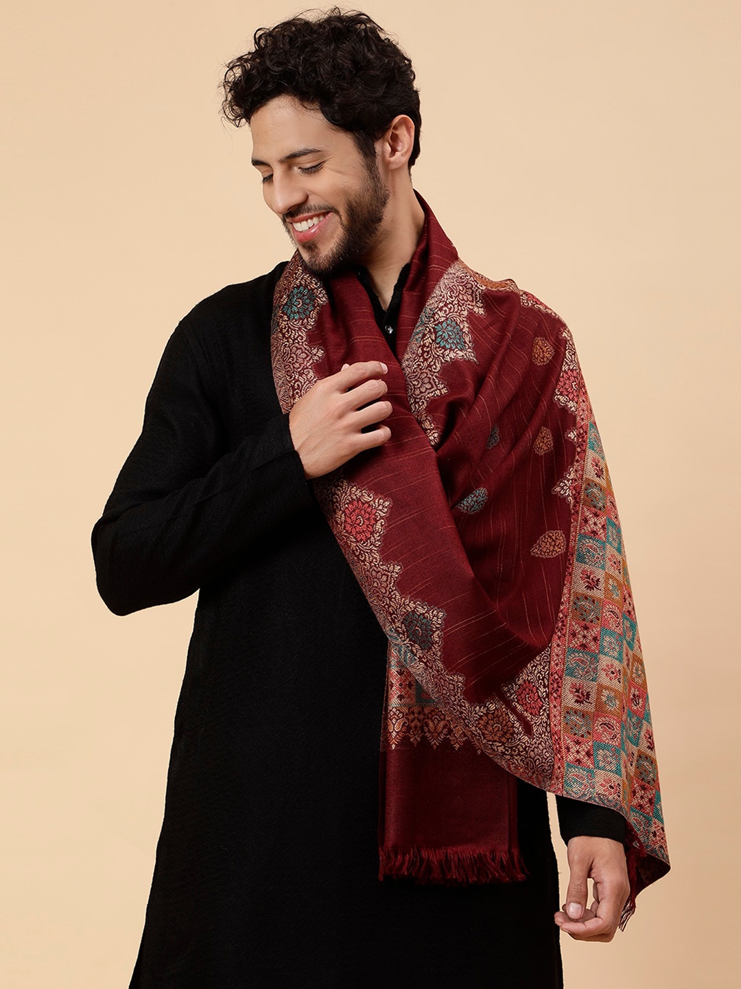 

Tweedle Ethnic Motifs Woven-Design Acrylic Shawl, Maroon