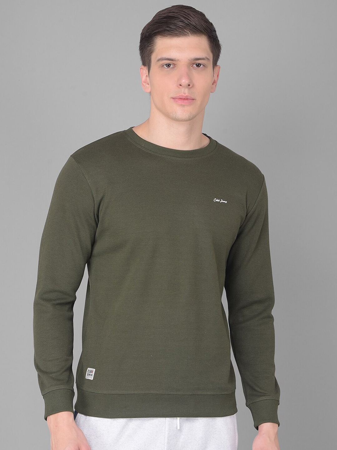 

COBB Round Neck Long Sleeves Cotton Pullover Sweatshirt, Olive