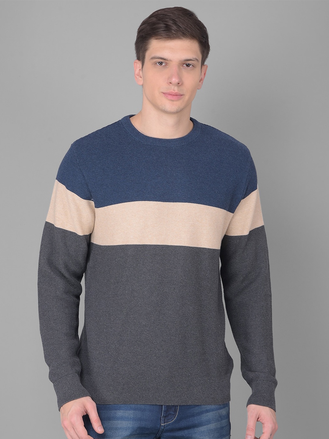 

COBB Striped Ribbed Acrylic Pullover Sweater, Grey