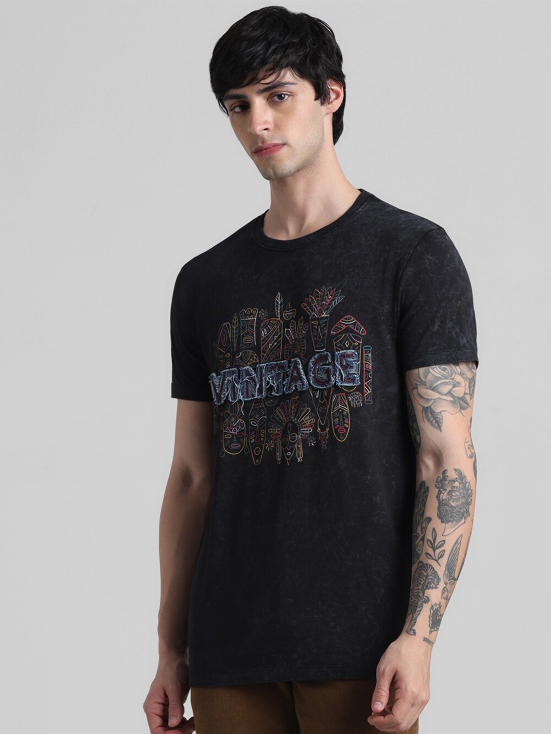 

Jack & Jones Graphic Printed Round Neck Pure Cotton Slim Fit T-shirt, Black