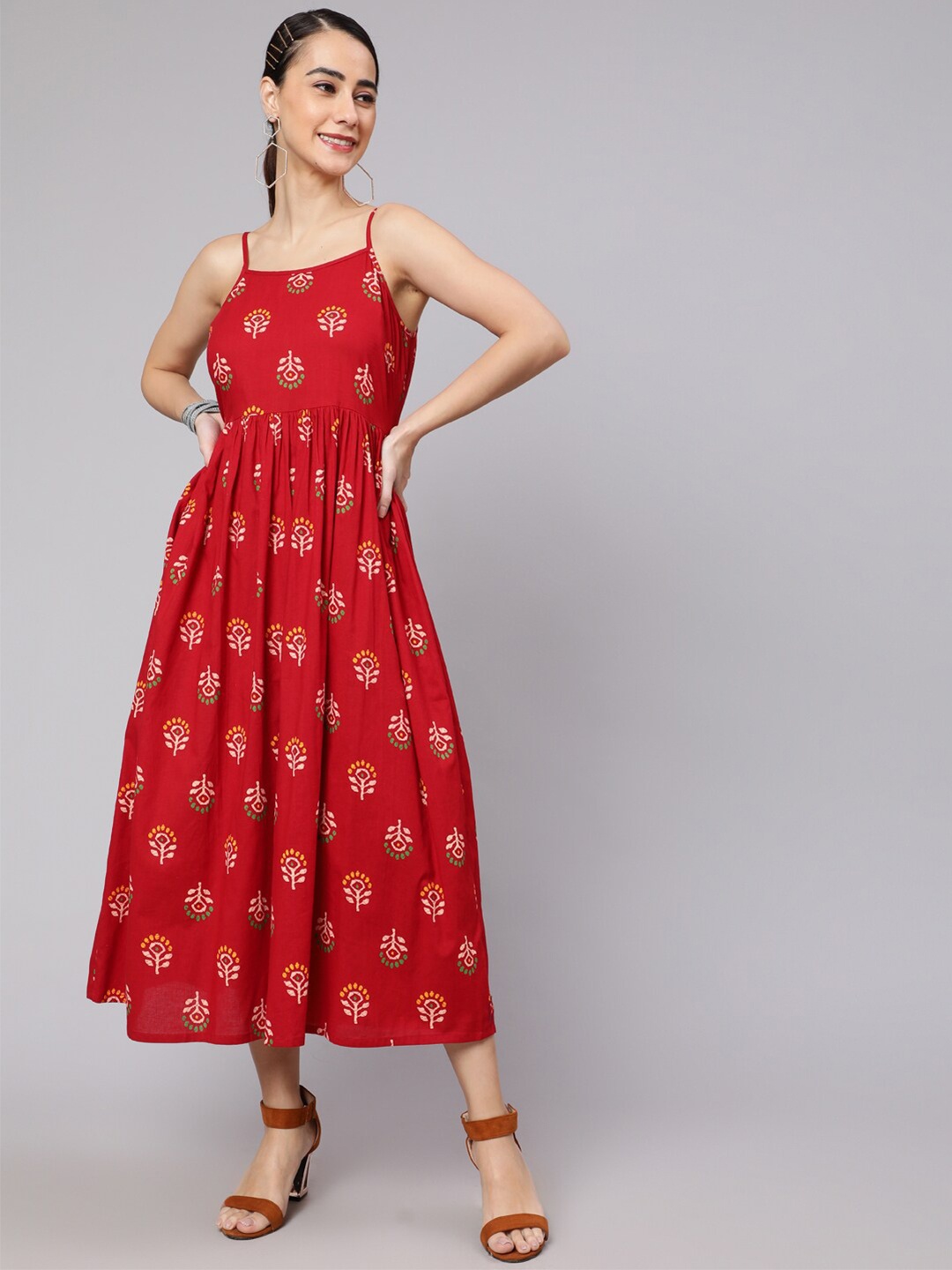 

AKS Ethnic Motifs Printed Cotton Fit & Flare Midi Dress, Red