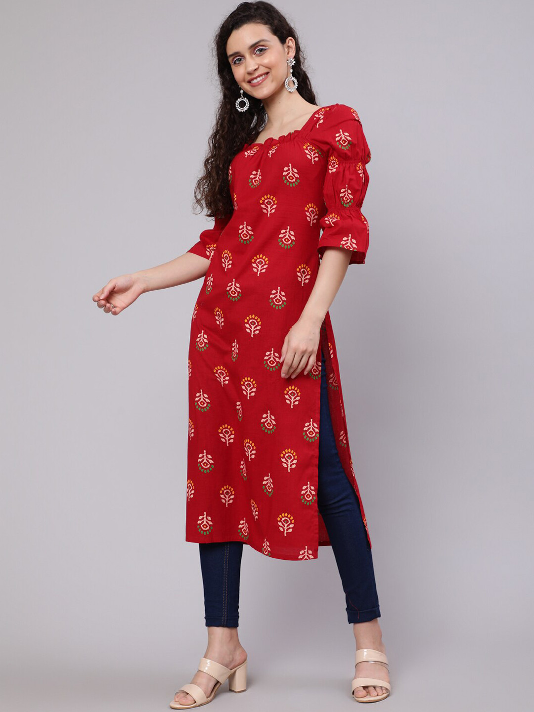 

AKS Ethnic Motifs Printed Square Neck Puff Sleeves Cotton Kurta, Red