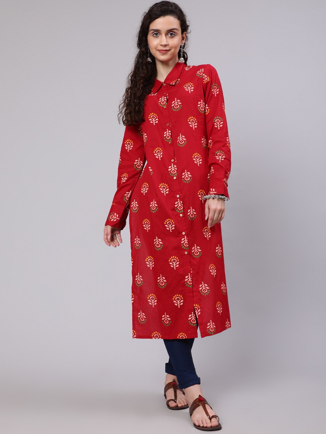 

AKS Ethnic Motifs Printed Shirt Collar Kurta, Red