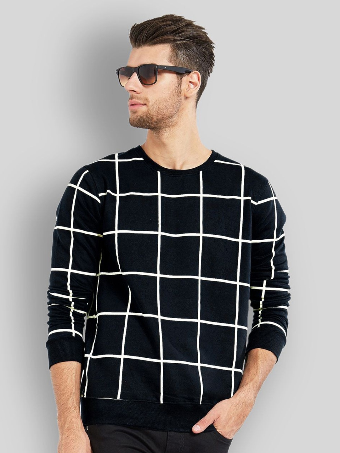 

THE MILLION CLUB Checked Round Neck Round Neck Cotton T-shirt, Black