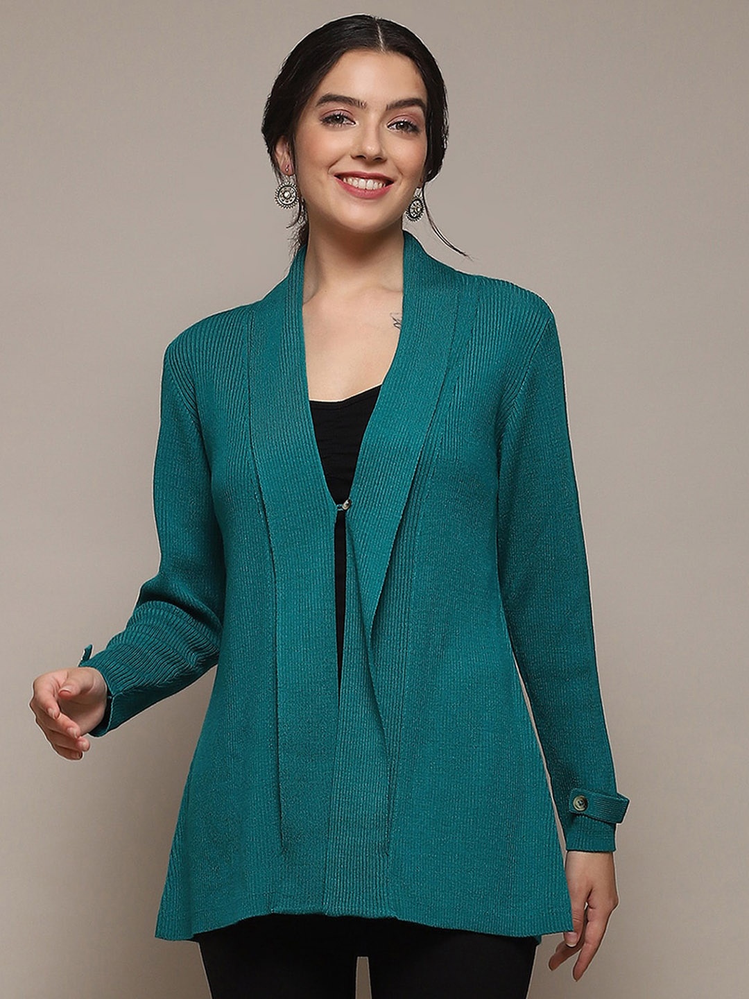 

Biba Ribbed Woollen Longline Open-Front Shrug, Teal