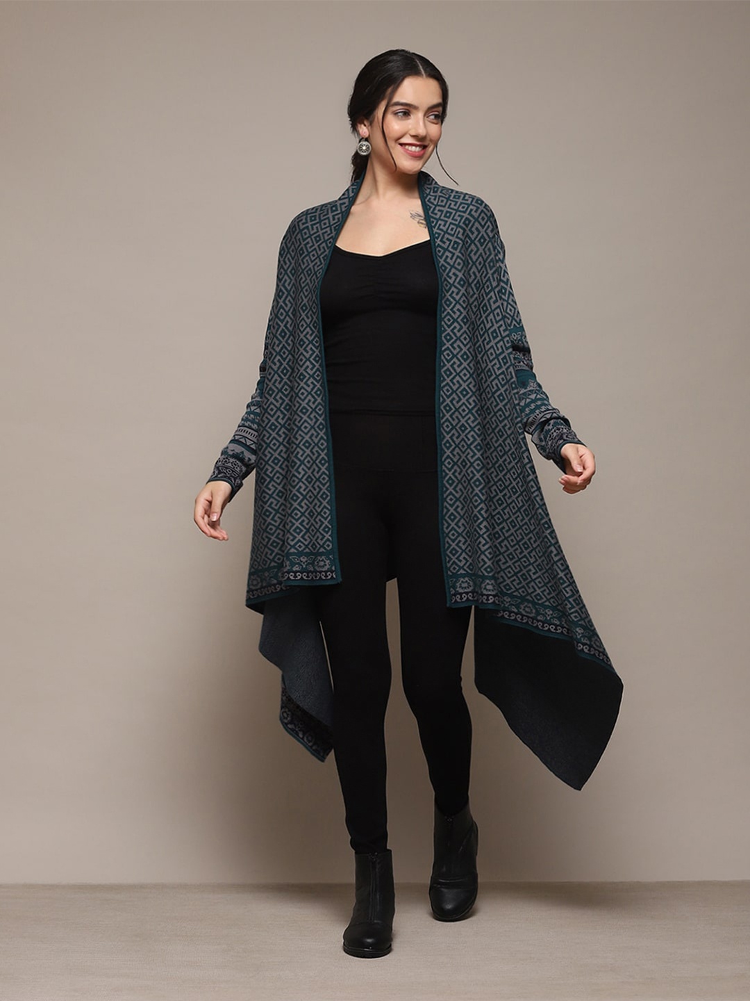

Biba Printed Open Front Woolen Shrug, Teal