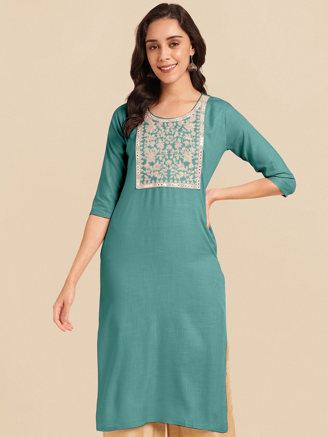 

KALINI Ethnic Motifs Mirror Work Embroidered Straight Kurta, Teal