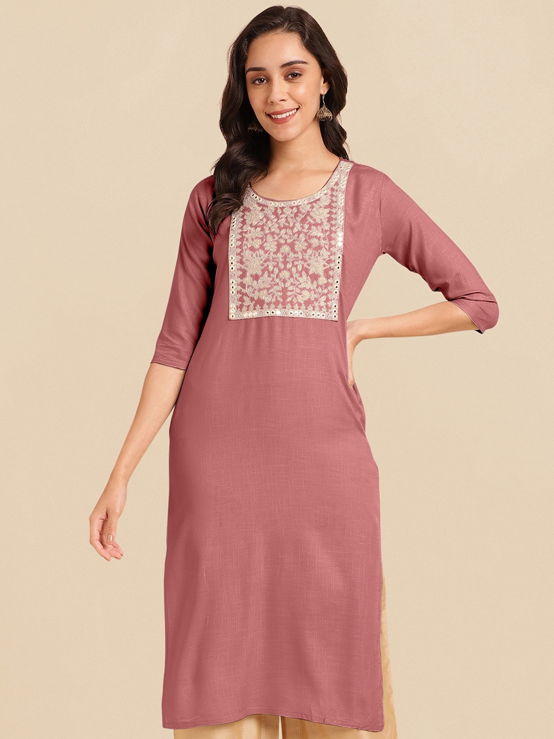 

KALINI Ethnic Motifs Mirror Work Embroidered Straight Kurta, Pink