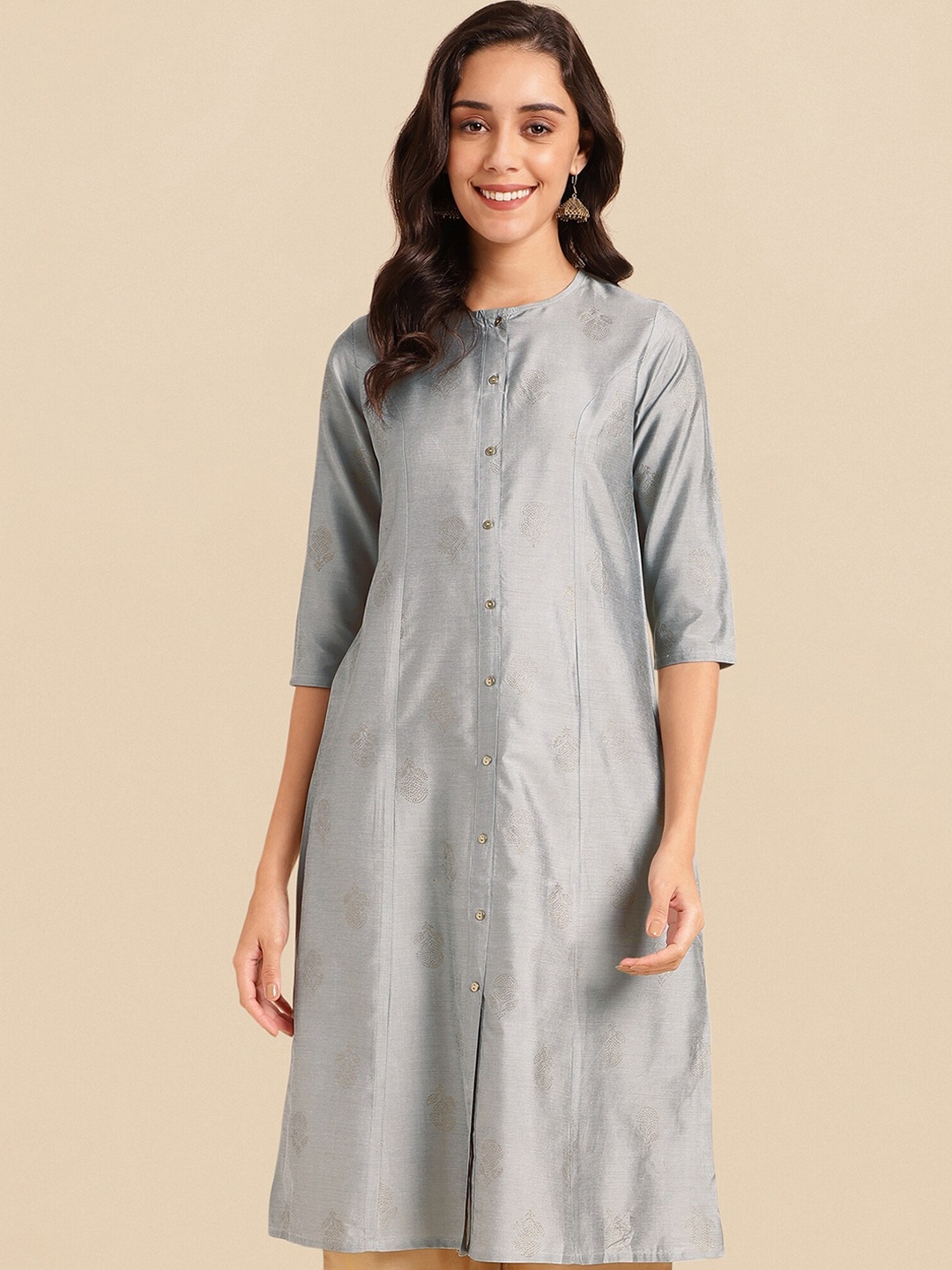 

KALINI Ethnic Motifs Printed A-Line Kurta, Grey