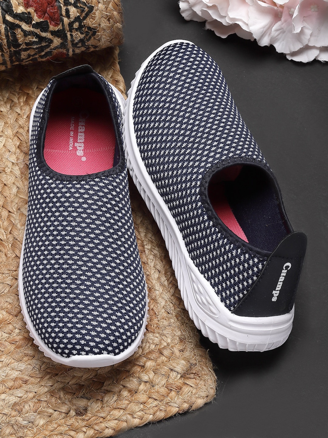 

Champs Women Textured Mesh Lightweight Contrast Sole Slip -On Sneakers, Navy blue